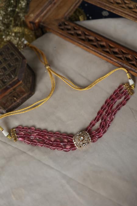 Shop Paisley Pop Pink Crystals Polki And Cubic Zirconia Choker Necklace at Aza Fashions Shop_Paisley Pop_Pink Crystals Polki And Cubic Zirconia Choker Necklace _at_Aza_Fashions