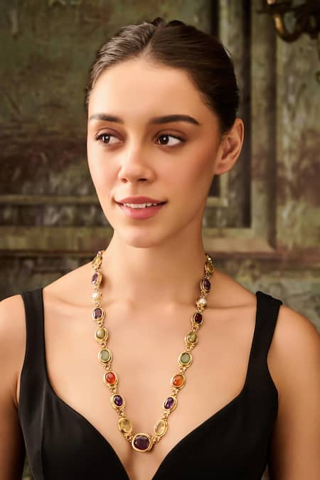 Paisley Pop Multi Color Multicolor Stone Embellished Necklace Online at Aza Fashions Paisley Pop_Multi Color Multicolor Stone Embellished Necklace _Online_at_Aza_Fashions