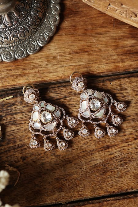 Shop Paisley Pop Gold Plated Pearls, Stones Mother Of Danglers at Aza Fashions Shop_Paisley Pop_Gold Plated Pearls, Stones Mother Of Danglers _at_Aza_Fashions