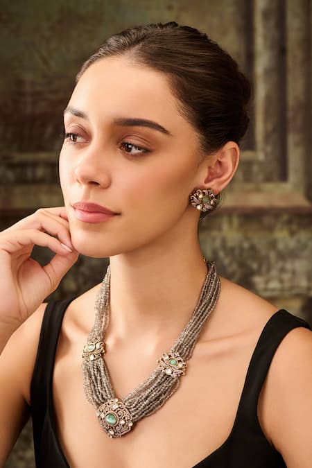 Paisley Pop_Gray Pearls, Stones Onyx And Polki Necklace Set _Online_at_Aza_Fashions