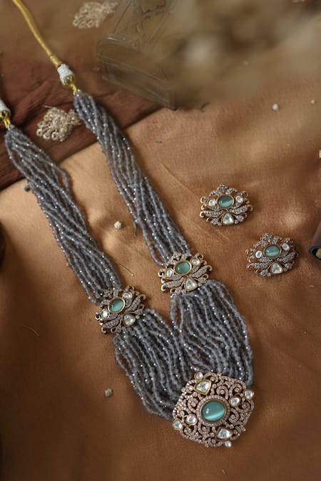 Buy_Paisley Pop_Gray Pearls, Stones Onyx And Polki Necklace Set _Online_at_Aza_Fashions