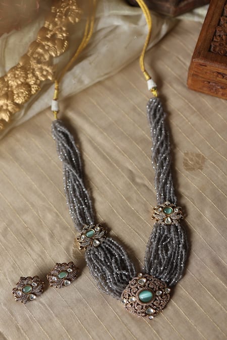 Shop_Paisley Pop_Gray Pearls, Stones Onyx And Polki Necklace Set _Online_at_Aza_Fashions