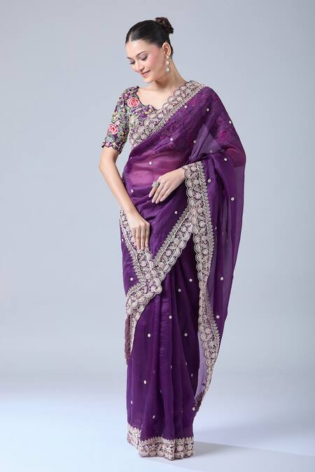 Buy Azeera Purple Georgette, Chiffon Sequins, Diamonds, Floral Saree With Blouse Buy_Azeera_Purple Georgette, Chiffon Sequins, Diamonds, Floral Saree With Blouse