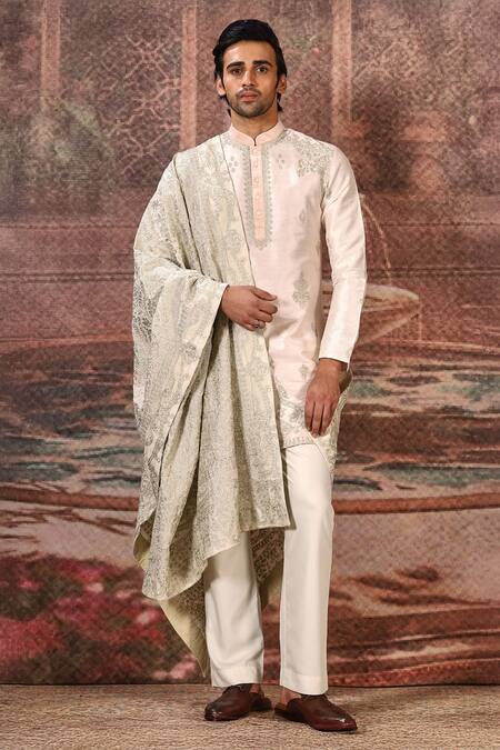 Asuka_Ivory Silk Zari Thread Embroidered Stole _Online_at_Aza_Fashions