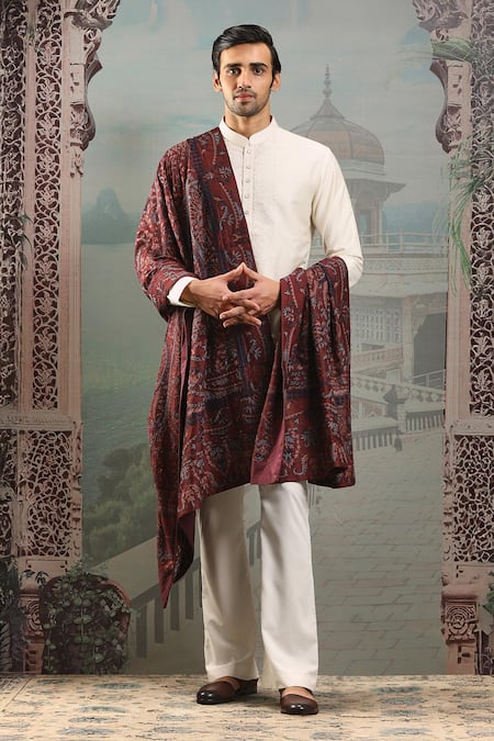 Buy_Asuka_Maroon Silk Paisley Embroidered Stole _Online_at_Aza_Fashions