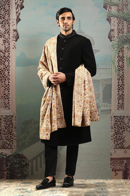 Asuka_Gold Champagne Thread Embroidered Stole _Online_at_Aza_Fashions