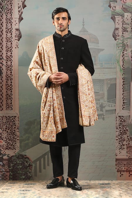 Buy_Asuka_Gold Champagne Thread Embroidered Stole _Online_at_Aza_Fashions
