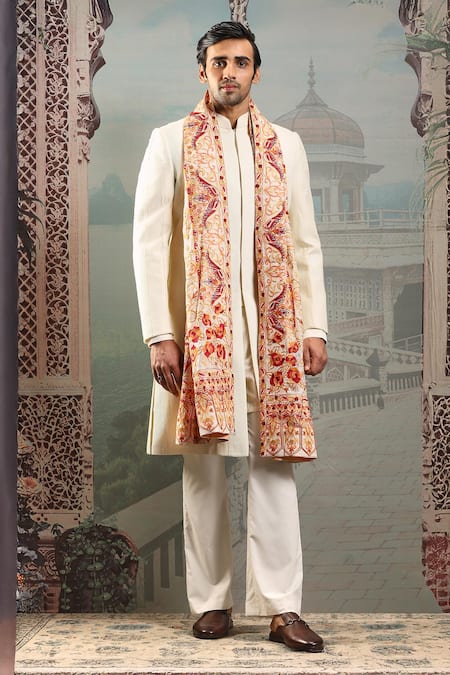 Asuka_Beige Mughal Embroidered Silk Stole _Online_at_Aza_Fashions