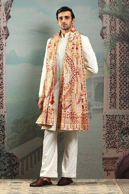 Shop_Asuka_Beige Mughal Embroidered Silk Stole _at_Aza_Fashions