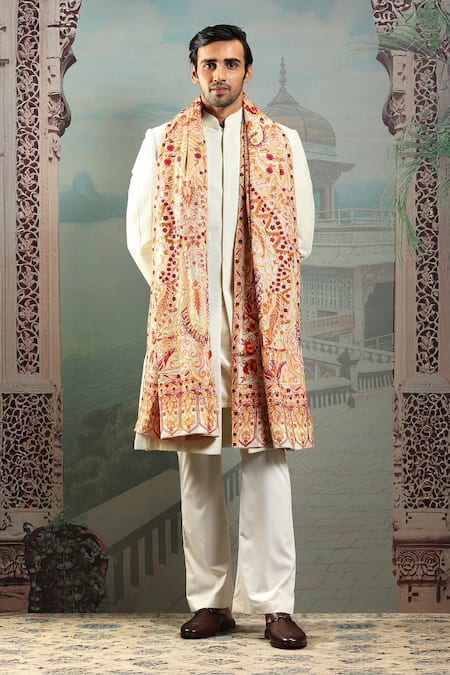 Buy_Asuka_Beige Mughal Embroidered Silk Stole _Online_at_Aza_Fashions
