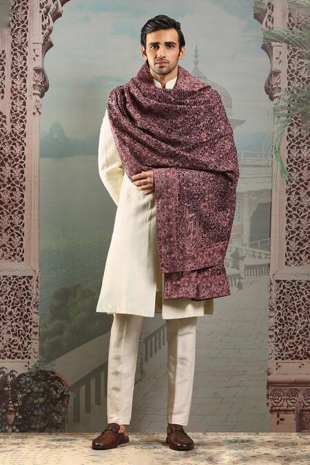 Shop_Asuka_Purple Silk Paisley Dori Embroidered Stole _at_Aza_Fashions