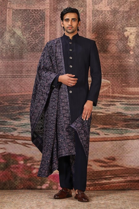 Asuka_Blue Dori Embroidered Silk Stole _Online_at_Aza_Fashions