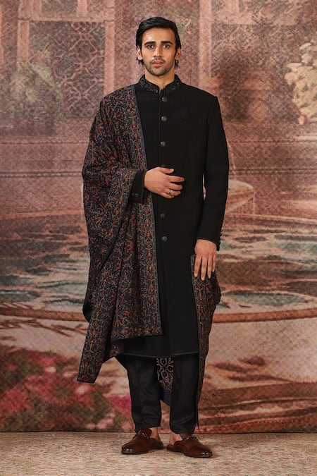 Asuka_Black Floral Embroidered Silk Stole _Online_at_Aza_Fashions