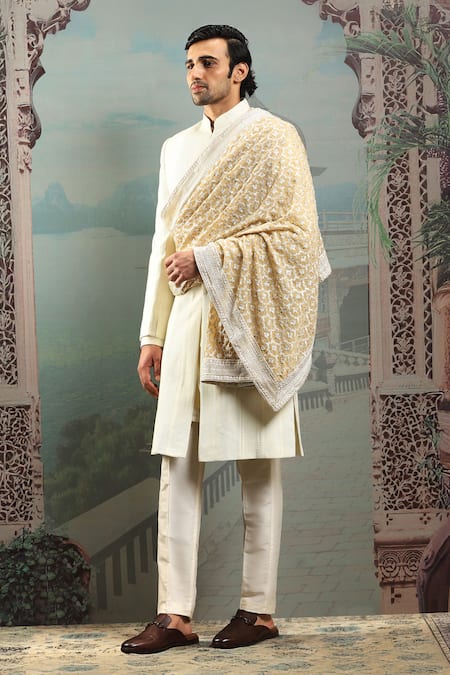 Shop_Asuka_Ivory Silk Zardozi Embroidered Stole _at_Aza_Fashions
