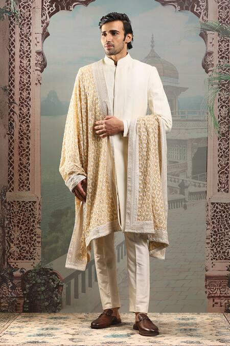 Buy_Asuka_Ivory Silk Zardozi Embroidered Stole _Online_at_Aza_Fashions