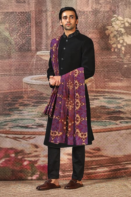 Asuka_Purple Silk Thread Embroidered Stole _Online_at_Aza_Fashions