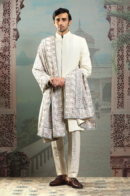 Buy_Asuka_Ivory Silk Bloom Embroidered Stole _Online_at_Aza_Fashions