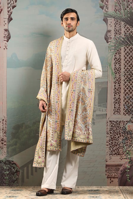 Shop_Asuka_Ivory Zardozi Bloom Embroidered Stole _at_Aza_Fashions