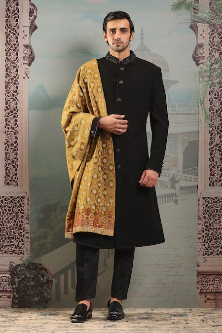 Asuka Gold Paisley Embroidered Silk Stole Online at Aza Fashions Asuka_Gold Paisley Embroidered Silk Stole _Online_at_Aza_Fashions