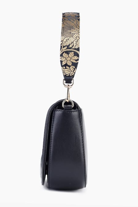 Tan & Loom_Black Embroidery Floral Banarasi Brocade Clutch Bag _Online_at_Aza_Fashions