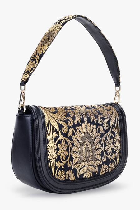 Buy_Tan & Loom_Black Embroidery Floral Banarasi Brocade Clutch Bag _Online_at_Aza_Fashions