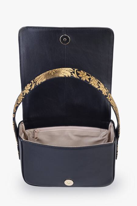 Tan & Loom_Black Embroidery Woven Banarasi Brocade Handbag _Online_at_Aza_Fashions