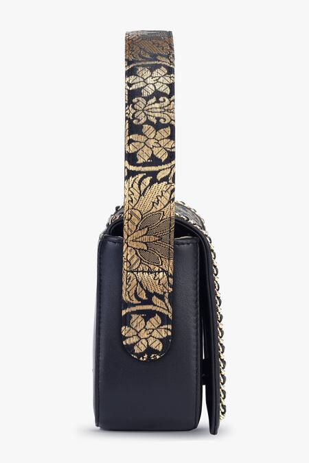 Buy_Tan & Loom_Black Embroidery Woven Banarasi Brocade Handbag _Online_at_Aza_Fashions