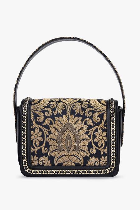 Shop_Tan & Loom_Black Embroidery Woven Banarasi Brocade Handbag _Online_at_Aza_Fashions
