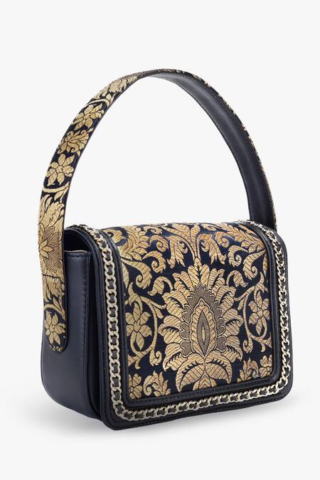 Tan & Loom_Black Embroidery Woven Banarasi Brocade Handbag _at_Aza_Fashions