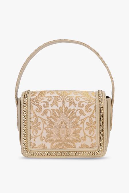 Buy_Tan & Loom_Ivory Embroidery, Bows Banarasi Brocade Box Bag _Online_at_Aza_Fashions