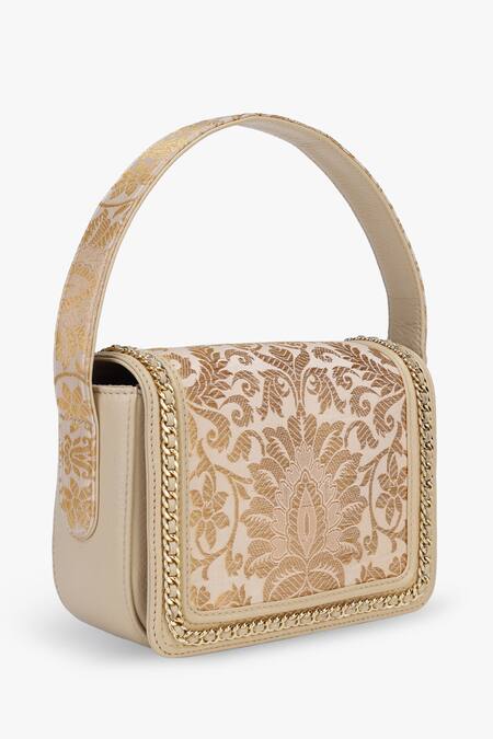 Tan & Loom_Ivory Embroidery, Bows Banarasi Brocade Box Bag _at_Aza_Fashions