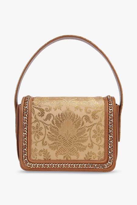Buy_Tan & Loom_Gold Embroidery And Tan Brown Woven Box Bag _Online_at_Aza_Fashions