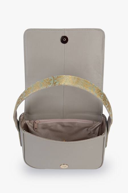 Buy_Tan & Loom_Gray Embroidery Grey And Mint Blue Banarasi Brocade Box Bag _Online_at_Aza_Fashions