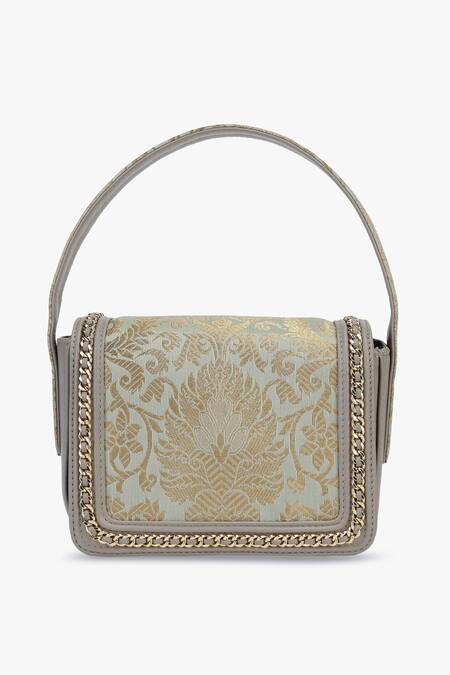 Shop_Tan & Loom_Gray Embroidery Grey And Mint Blue Banarasi Brocade Box Bag _Online_at_Aza_Fashions