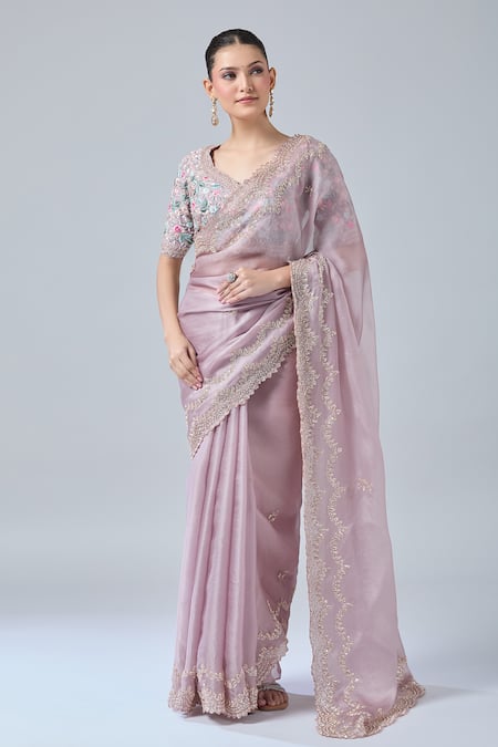 Buy Azeera Purple Silk Sequins, Beads, Cut Work, Embroidery Lilac Saree And Floral Blouse Buy_Azeera_Purple Silk Sequins, Beads, Cut Work, Embroidery Lilac Saree And Floral Blouse