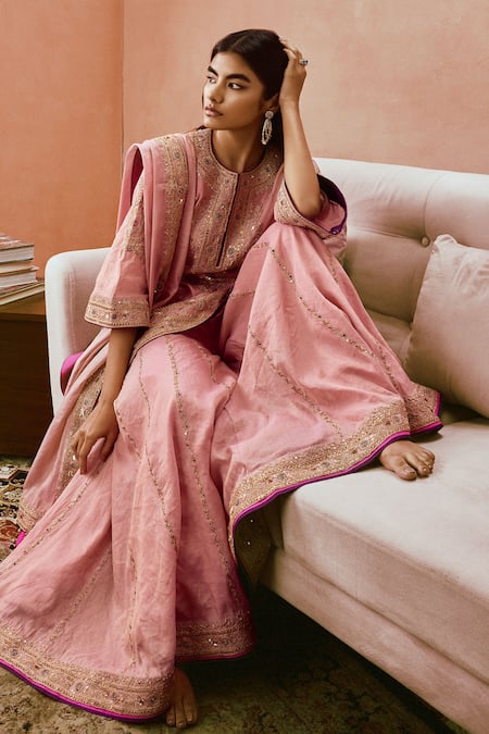 Buy Punit Balana Pink Chanderi , Embroidery, Applique Round Neck Dusky Kurta Set Online at Aza Fashions Buy_Punit Balana_Pink Chanderi , Embroidery, Applique Round Neck Dusky Kurta Set _Online_at_Aza_Fashions