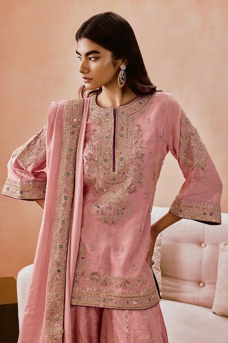Shop Punit Balana Pink Chanderi , Embroidery, Applique Round Neck Dusky Kurta Set Online at Aza Fashions Shop_Punit Balana_Pink Chanderi , Embroidery, Applique Round Neck Dusky Kurta Set _Online_at_Aza_Fashions