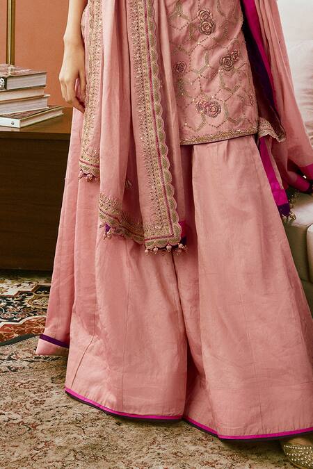 Punit Balana_Pink Silk, Tissue Diamonds, Embroidery Dabka And Dori Kurta Sharara Set _Online_at_Aza_Fashions