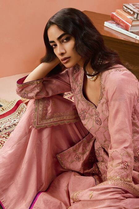 Shop_Punit Balana_Pink Silk, Tissue Diamonds, Embroidery Dabka And Dori Kurta Sharara Set _Online_at_Aza_Fashions