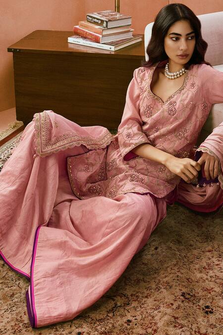 Punit Balana_Pink Silk, Tissue Diamonds, Embroidery Dabka And Dori Kurta Sharara Set _at_Aza_Fashions