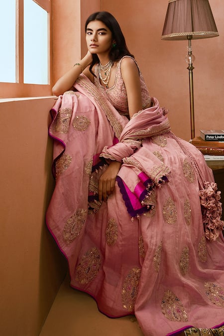 Punit Balana_Pink Silk, Tissue Tassels, Embroidery Dusky Gota And Marodi Lehenga Set _Online_at_Aza_Fashions