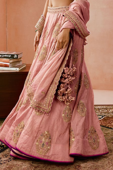 Buy_Punit Balana_Pink Silk, Tissue Tassels, Embroidery Dusky Gota And Marodi Lehenga Set _Online_at_Aza_Fashions