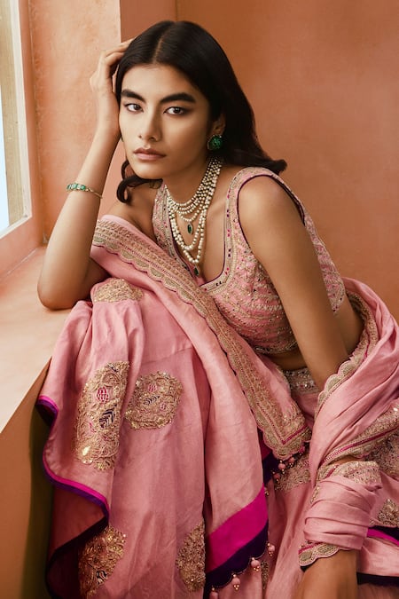 Punit Balana_Pink Silk, Tissue Tassels, Embroidery Dusky Gota And Marodi Lehenga Set _at_Aza_Fashions