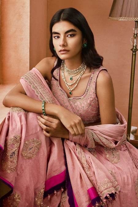 Buy_Punit Balana_Pink Silk, Tissue Tassels, Embroidery Dusky Gota And Marodi Lehenga Set 