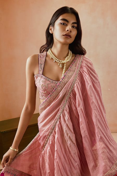Buy_Punit Balana_Pink Silk, Tissue Embroidery, Applique, Diamonds Dusky Ruffle Saree Set _Online_at_Aza_Fashions