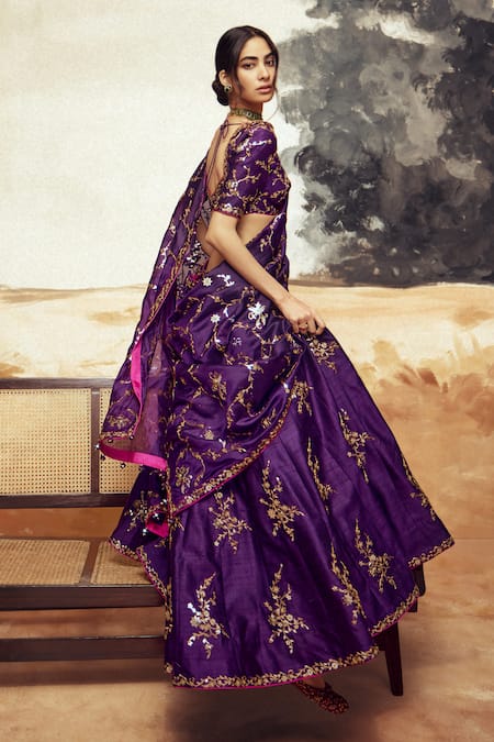 Punit Balana_Purple , , Tassels Foil Bloom Embroidered Lehenga Set _Online_at_Aza_Fashions