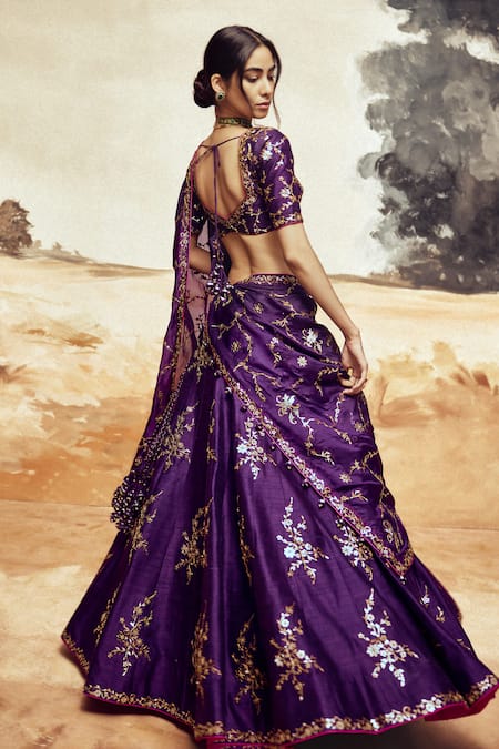 Buy_Punit Balana_Purple , , Tassels Foil Bloom Embroidered Lehenga Set _Online_at_Aza_Fashions