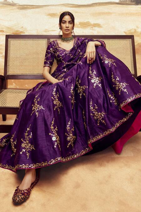 Shop_Punit Balana_Purple , , Tassels Foil Bloom Embroidered Lehenga Set _Online_at_Aza_Fashions