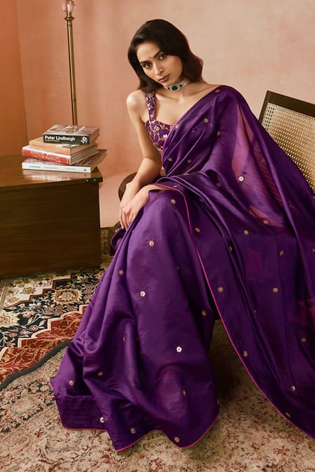 Buy_Punit Balana_Purple , Organza Patchwork, Embroidery Patra Saree And Blouse _Online_at_Aza_Fashions