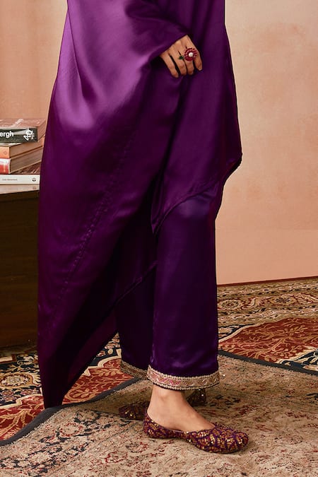 Punit Balana_Purple Satin, Silk Sequins Round Neck Asymmetric Embroidered Tunic And Pant Set _Online_at_Aza_Fashions